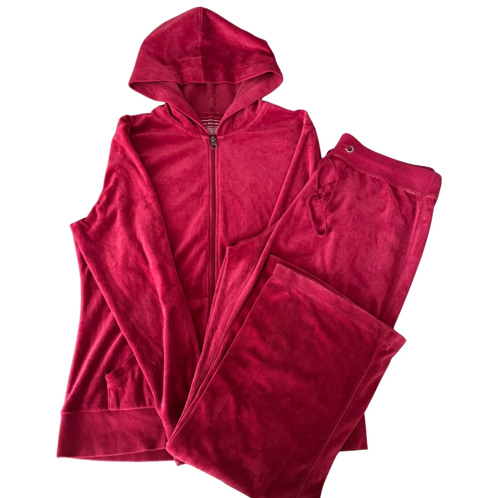 Tek Gear Womens Velour Tracksuit Set Red Full Zip Hoodie Wide Leg Pants Size L